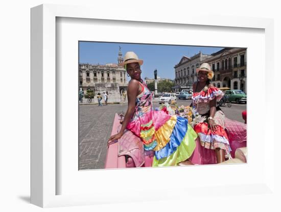 Women with Flowers at Capital in Pink Ford, Havana, Cuba-Bill Bachmann-Framed Photographic Print