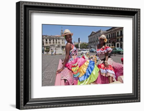 Women with Flowers at Capital in Pink Ford, Havana, Cuba-Bill Bachmann-Framed Photographic Print