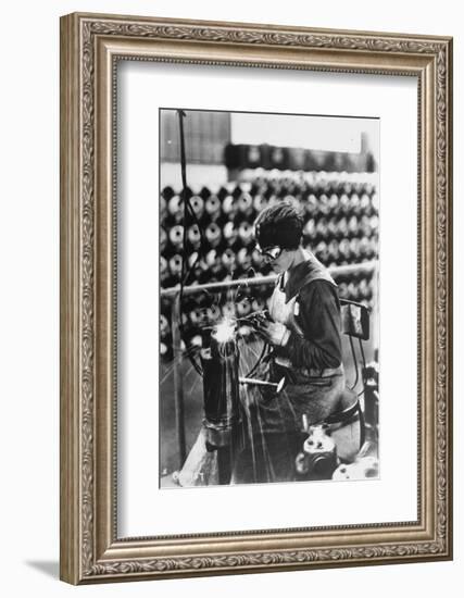 Women Worker in Safety Goggles Doing Acetylene Welding on Cylinder Water Jacket in Factory-null-Framed Photographic Print