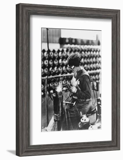 Women Worker in Safety Goggles Doing Acetylene Welding on Cylinder Water Jacket in Factory-null-Framed Photographic Print