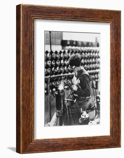 Women Worker in Safety Goggles Doing Acetylene Welding on Cylinder Water Jacket in Factory-null-Framed Photographic Print