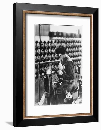 Women Worker in Safety Goggles Doing Acetylene Welding on Cylinder Water Jacket in Factory-null-Framed Photographic Print