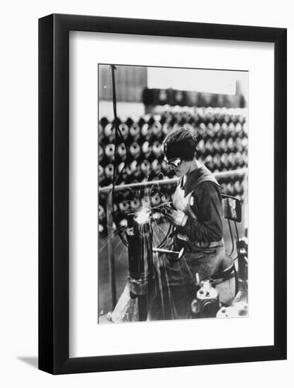 Women Worker in Safety Goggles Doing Acetylene Welding on Cylinder Water Jacket in Factory-null-Framed Photographic Print