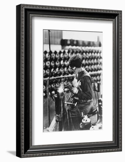 Women Worker in Safety Goggles Doing Acetylene Welding on Cylinder Water Jacket in Factory-null-Framed Photographic Print