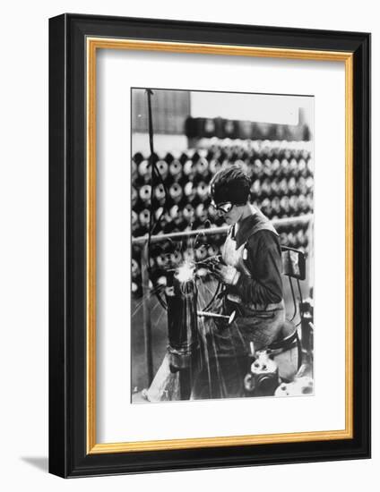 Women Worker in Safety Goggles Doing Acetylene Welding on Cylinder Water Jacket in Factory-null-Framed Photographic Print