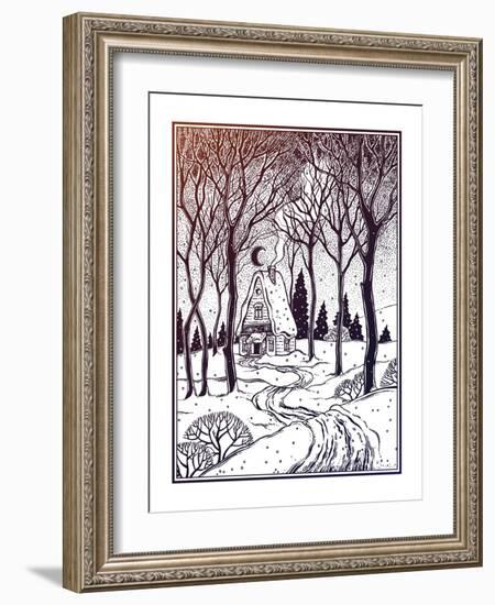 Wood Cabin in Winter Forest Landscape with Trees and Snow Road. Vector Illustration Isolated. Retro-Katja Gerasimova-Framed Art Print