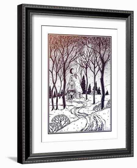 Wood Cabin in Winter Forest Landscape with Trees and Snow Road. Vector Illustration Isolated. Retro-Katja Gerasimova-Framed Art Print