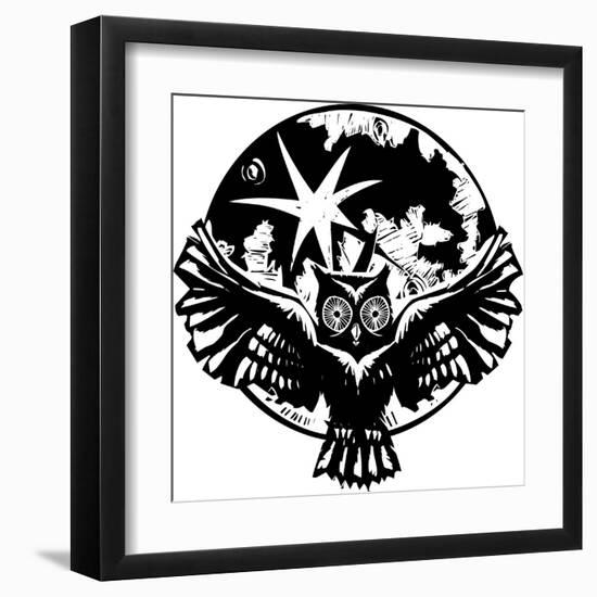 Woodcut Flying Owl with Feathered Wings Spread in Front of a Full Moon.-Jef Thompson-Framed Art Print