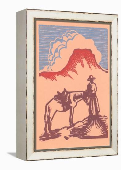 Woodcut of Cowboy with Horse and Mesa-null-Framed Stretched Canvas