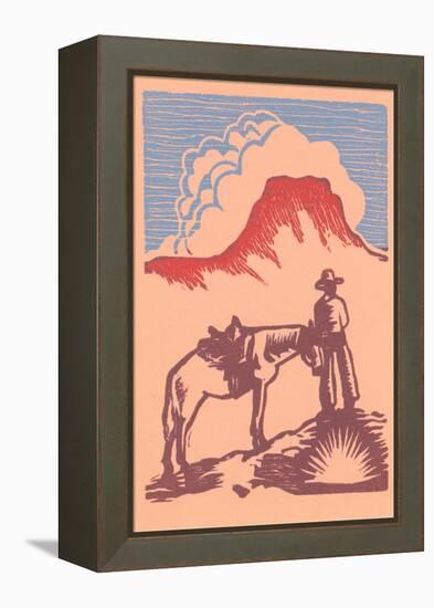Woodcut of Cowboy with Horse and Mesa-null-Framed Stretched Canvas