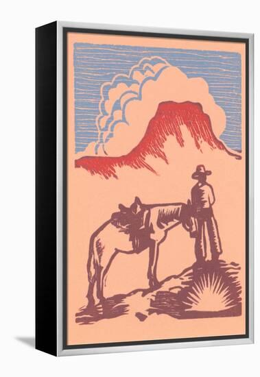 Woodcut of Cowboy with Horse and Mesa-null-Framed Stretched Canvas