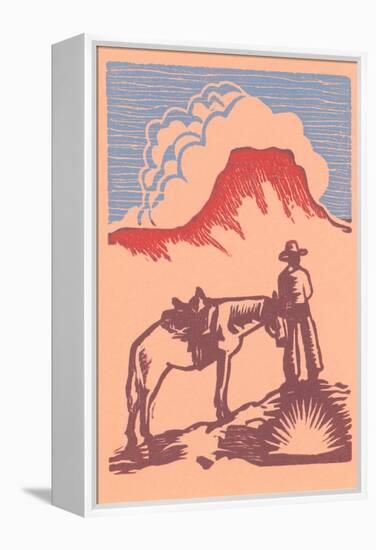 Woodcut of Cowboy with Horse and Mesa-null-Framed Stretched Canvas