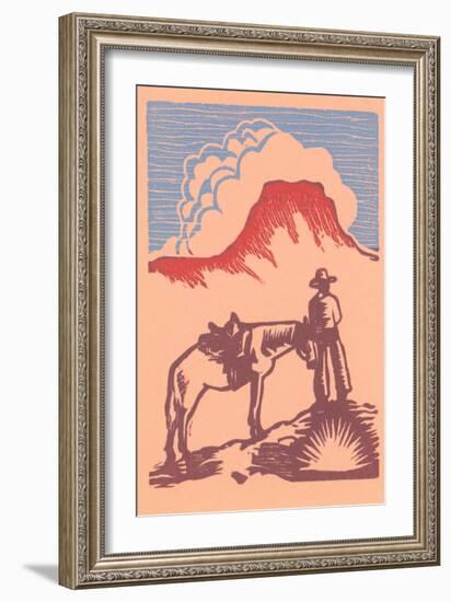 Woodcut of Cowboy with Horse and Mesa-null-Framed Art Print