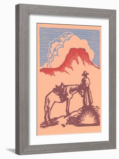 Woodcut of Cowboy with Horse and Mesa-null-Framed Art Print