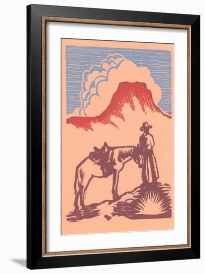 Woodcut of Cowboy with Horse and Mesa-null-Framed Art Print