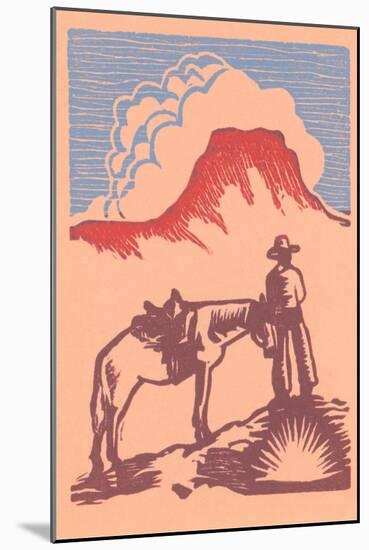 Woodcut of Cowboy with Horse and Mesa-null-Mounted Art Print