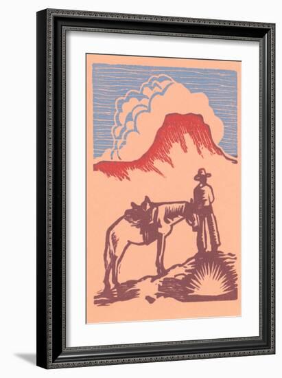 Woodcut of Cowboy with Horse and Mesa-null-Framed Art Print