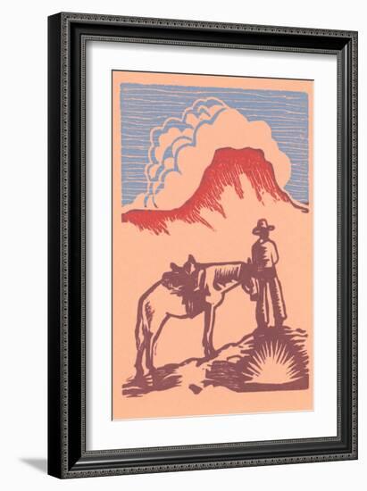 Woodcut of Cowboy with Horse and Mesa-null-Framed Premium Giclee Print