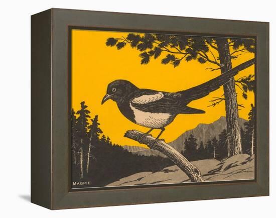 Woodcut of Magpie-null-Framed Stretched Canvas