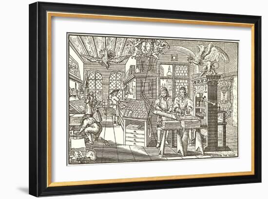 Woodcut of Old Print Shop-null-Framed Art Print