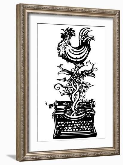 Woodcut Rooster Crowing Emerging from a Typewriter for Waking News-Jef Thompson-Framed Art Print