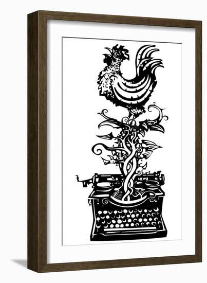Woodcut Rooster Crowing Emerging from a Typewriter for Waking News-Jef Thompson-Framed Art Print