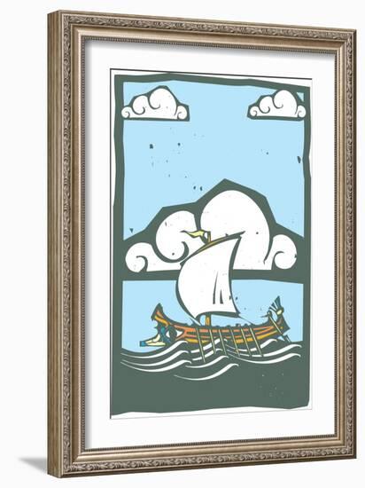 Woodcut Style Ancient Greek Galley with Oars and Sail at Sea with Sky and Clouds.-Jef Thompson-Framed Art Print
