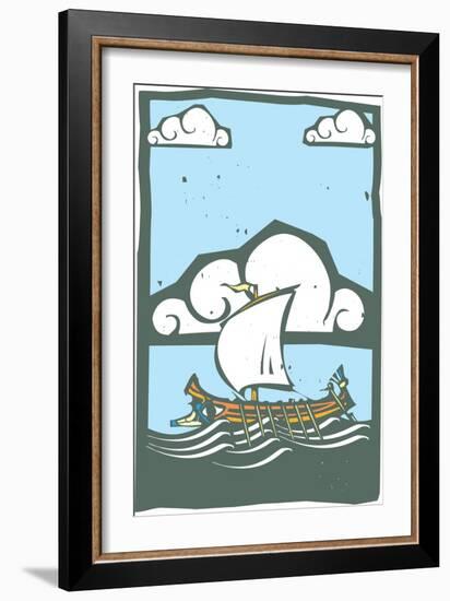 Woodcut Style Ancient Greek Galley with Oars and Sail at Sea with Sky and Clouds.-Jef Thompson-Framed Art Print