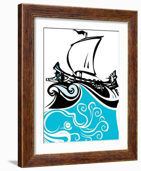 Woodcut Style Ancient Greek Galley with Oars and Sail with Sea Life.-Jef Thompson-Framed Art Print