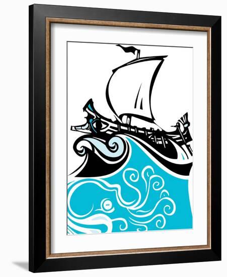 Woodcut Style Ancient Greek Galley with Oars and Sail with Sea Life.-Jef Thompson-Framed Art Print