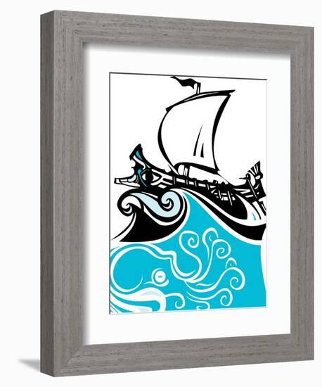 Woodcut Style Ancient Greek Galley with Oars and Sail with Sea Life.-Jef Thompson-Framed Art Print