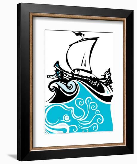 Woodcut Style Ancient Greek Galley with Oars and Sail with Sea Life.-Jef Thompson-Framed Art Print