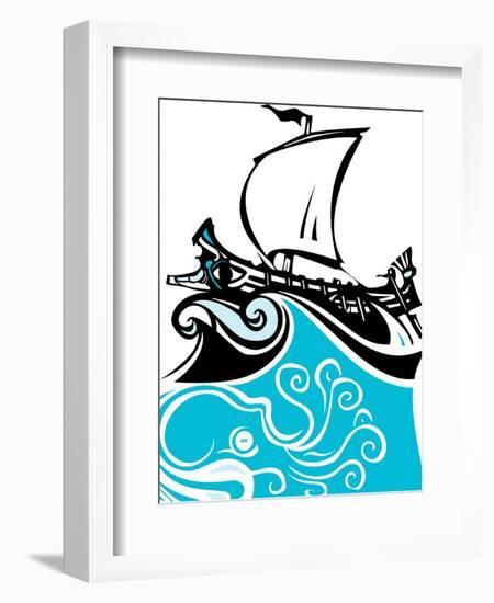 Woodcut Style Ancient Greek Galley with Oars and Sail with Sea Life.-Jef Thompson-Framed Art Print