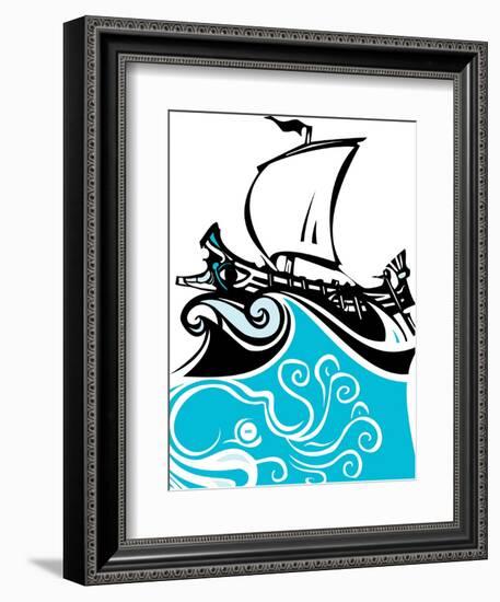 Woodcut Style Ancient Greek Galley with Oars and Sail with Sea Life.-Jef Thompson-Framed Art Print