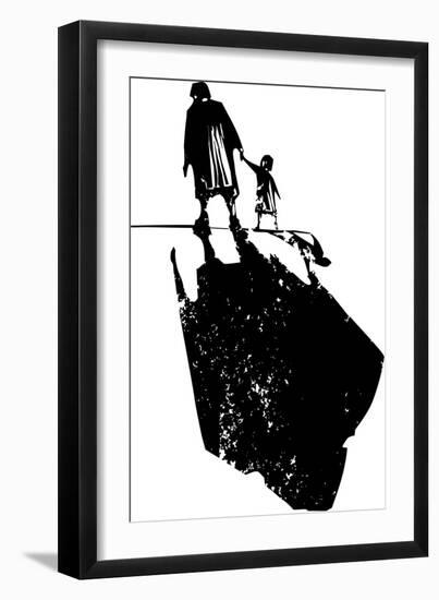 Woodcut Style Expressionist Image of an Elderly Woman Walking in Hand with a Child.-Jef Thompson-Framed Art Print