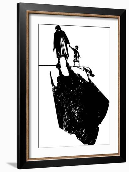 Woodcut Style Expressionist Image of an Elderly Woman Walking in Hand with a Child.-Jef Thompson-Framed Art Print