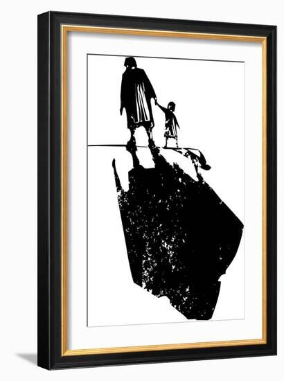 Woodcut Style Expressionist Image of an Elderly Woman Walking in Hand with a Child.-Jef Thompson-Framed Art Print