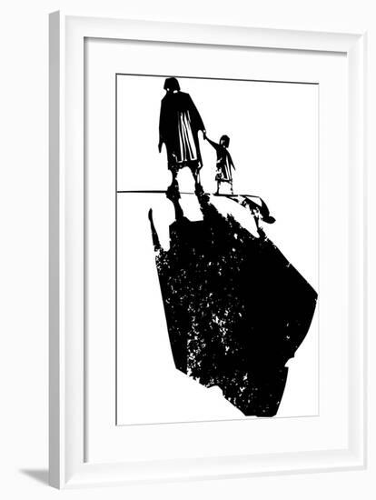 Woodcut Style Expressionist Image of an Elderly Woman Walking in Hand with a Child.-Jef Thompson-Framed Art Print