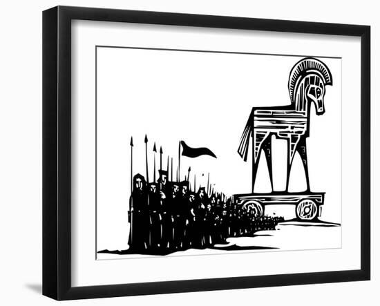 Woodcut Style Expressionist Image of the Greek Trojan Horse with an Army Walking from It.-Jef Thompson-Framed Art Print