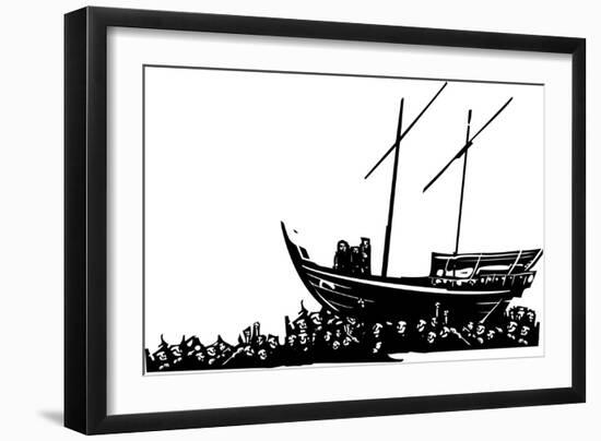 Woodcut Style Expressionist Images of Three Men on an Arabic Dhow Carried by a Crowd of Refugees-Jef Thompson-Framed Art Print