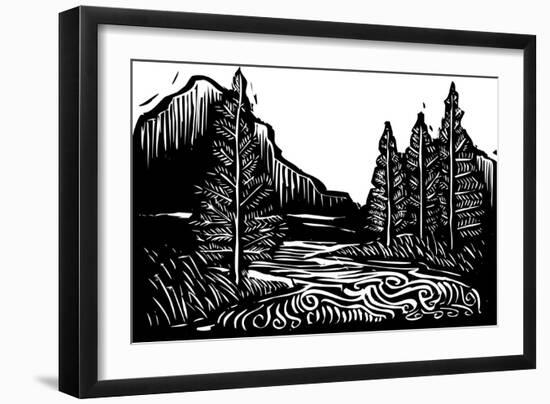 Woodcut Style Expressionist Landscape with Trees and River.-Jef Thompson-Framed Art Print