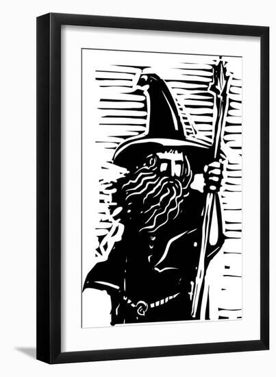 Woodcut Style Image of a Magical Wizard Holding a Staff-Jef Thompson-Framed Art Print
