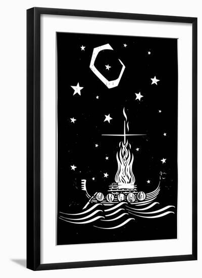 Woodcut Style Image of a Viking Chief Being Burned on a Longboat at Night.-Jef Thompson-Framed Art Print
