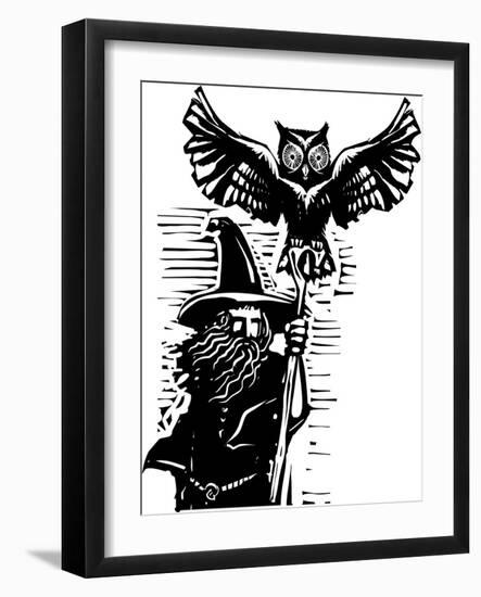 Woodcut Style Image of a Wizard Holding a Staff and an Owl Familiar.-Jef Thompson-Framed Art Print