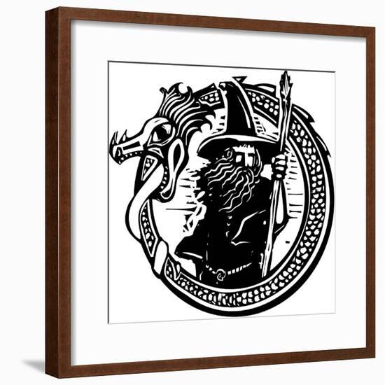 Woodcut Style Image of a Wizard in a an Encircling Dragon-Jef Thompson-Framed Premium Giclee Print