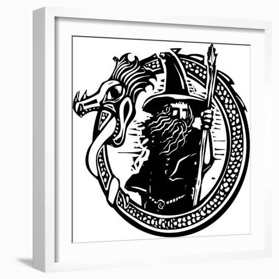 Woodcut Style Image of a Wizard in a an Encircling Dragon-Jef Thompson-Framed Art Print