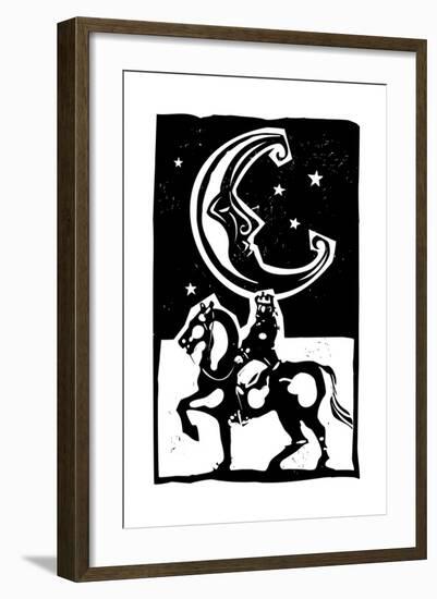 Woodcut Style Moon and Mounted King on a Horse-Jef Thompson-Framed Art Print