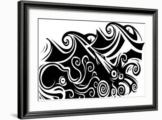 Woodcut Style Octopus and Squid beneath the Waves.-Jef Thompson-Framed Art Print