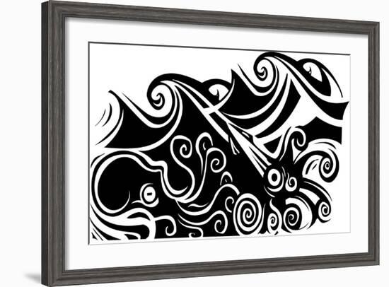 Woodcut Style Octopus and Squid beneath the Waves.-Jef Thompson-Framed Art Print