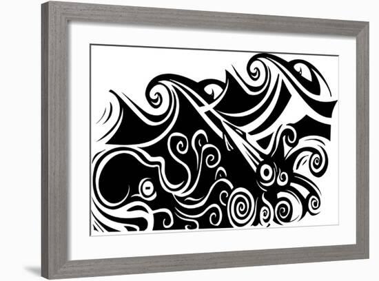 Woodcut Style Octopus and Squid beneath the Waves.-Jef Thompson-Framed Art Print